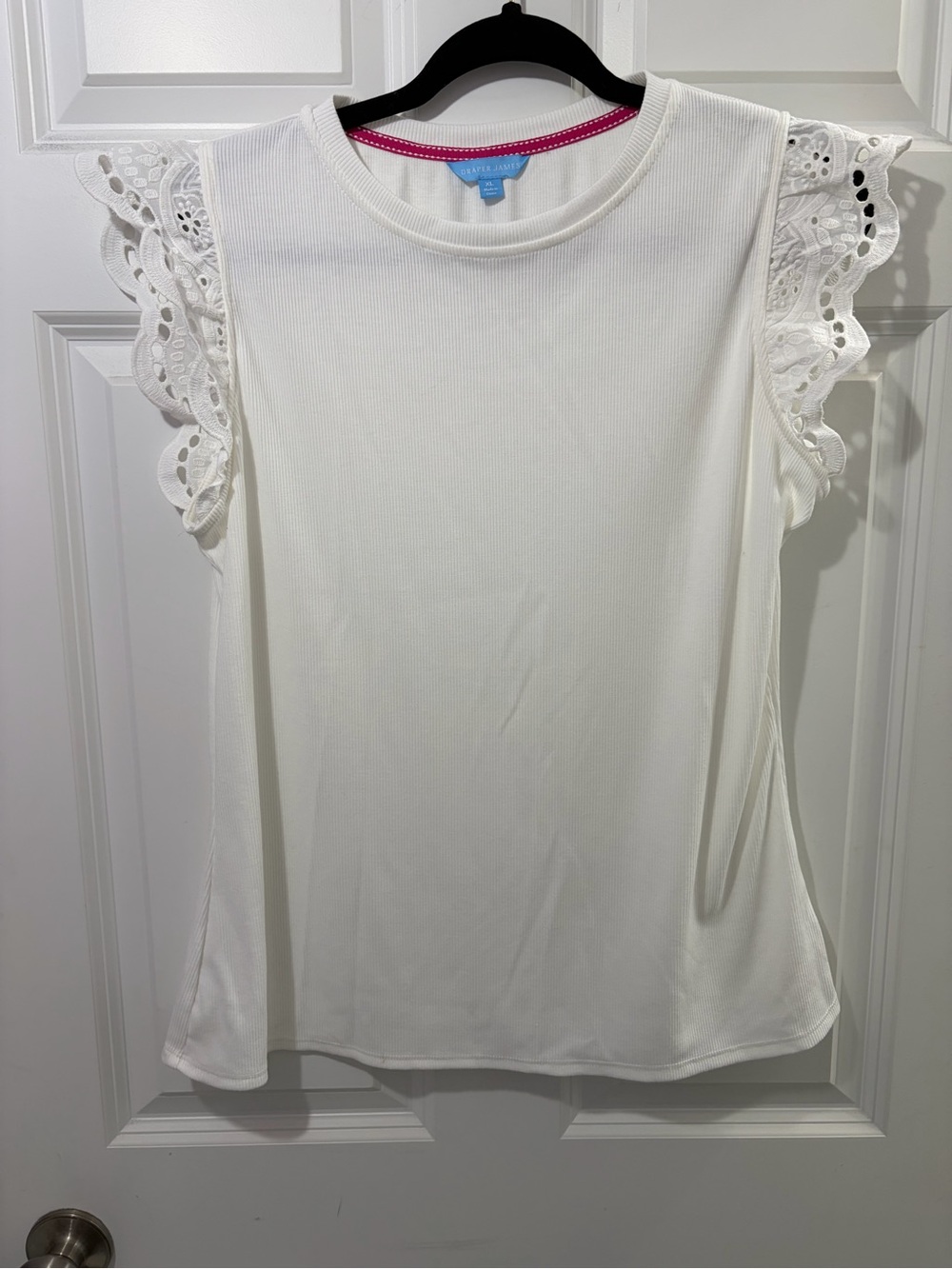 Draper James White Blouse with Lace Like Ruffle Sleeveless